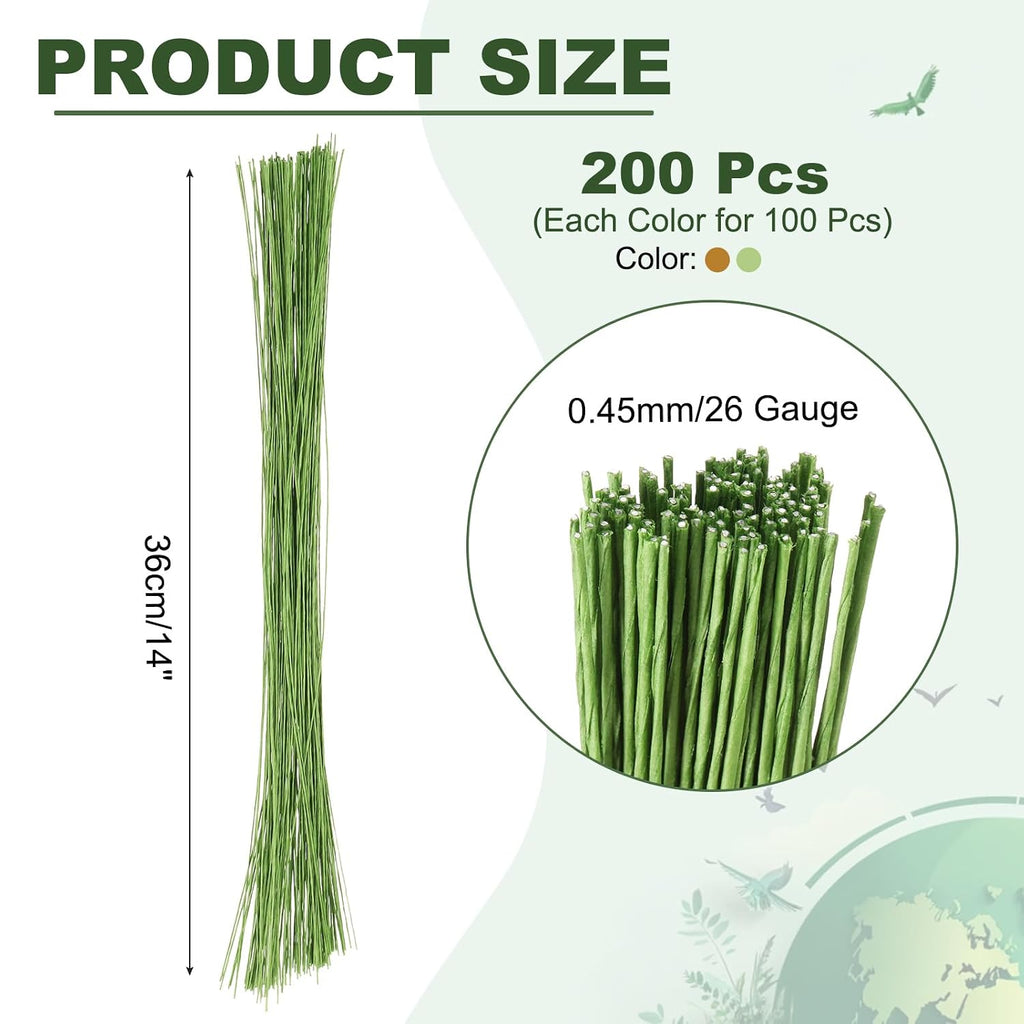 フラワー用ワイヤー 200本セット 26番手 (線径0.45mm) 長さ36cm 地巻ワイヤー ペーパー巻きワイヤー 造花・フラワーアレンジメント・DIY手芸用 (茶色・ライトグリーン)