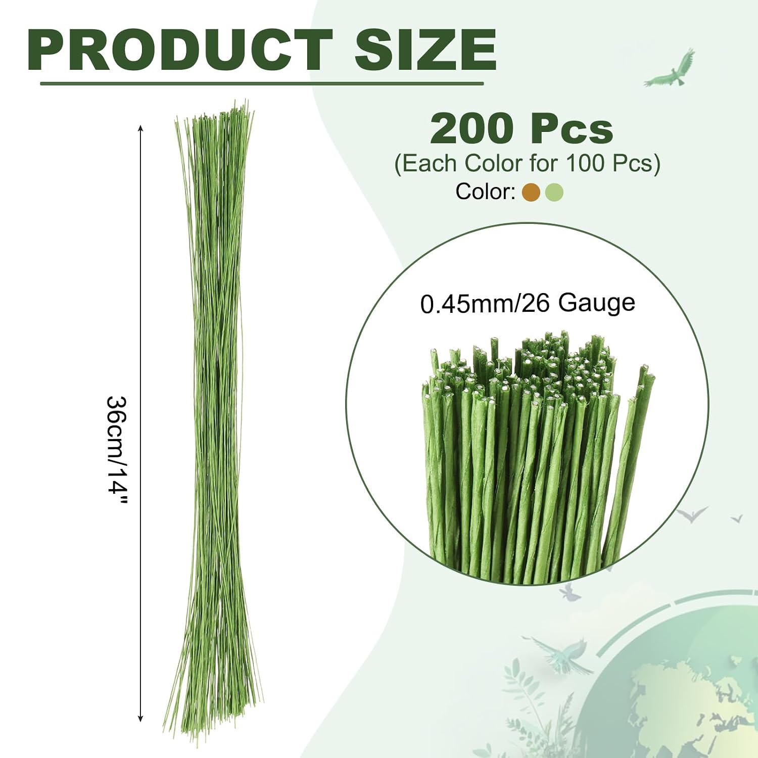 フラワー用ワイヤー 200本セット 26番手 (線径0.45mm) 長さ36cm 地巻ワイヤー ペーパー巻きワイヤー 造花・フラワーアレンジメント・DIY手芸用 (茶色・ライトグリーン)