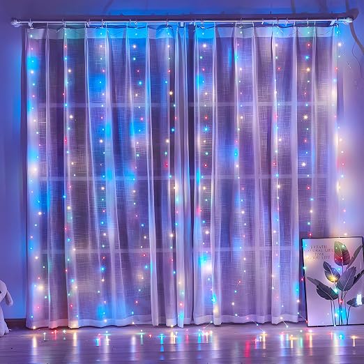 【3m×3m・300球】 LEDイルミネーションライト カーテンライト USB給電式 リモコン付き 8パターン点灯 防水防塵 IP44 クリスマス ハロウィン パーティー 結婚式 インテリア装飾 (マルチカラー)
